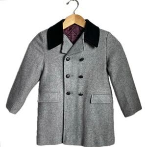 VTG FIELDSTON Heavy Wool Double Breasted Long Pea Coat SZ 7 Gray w Velvet Collar